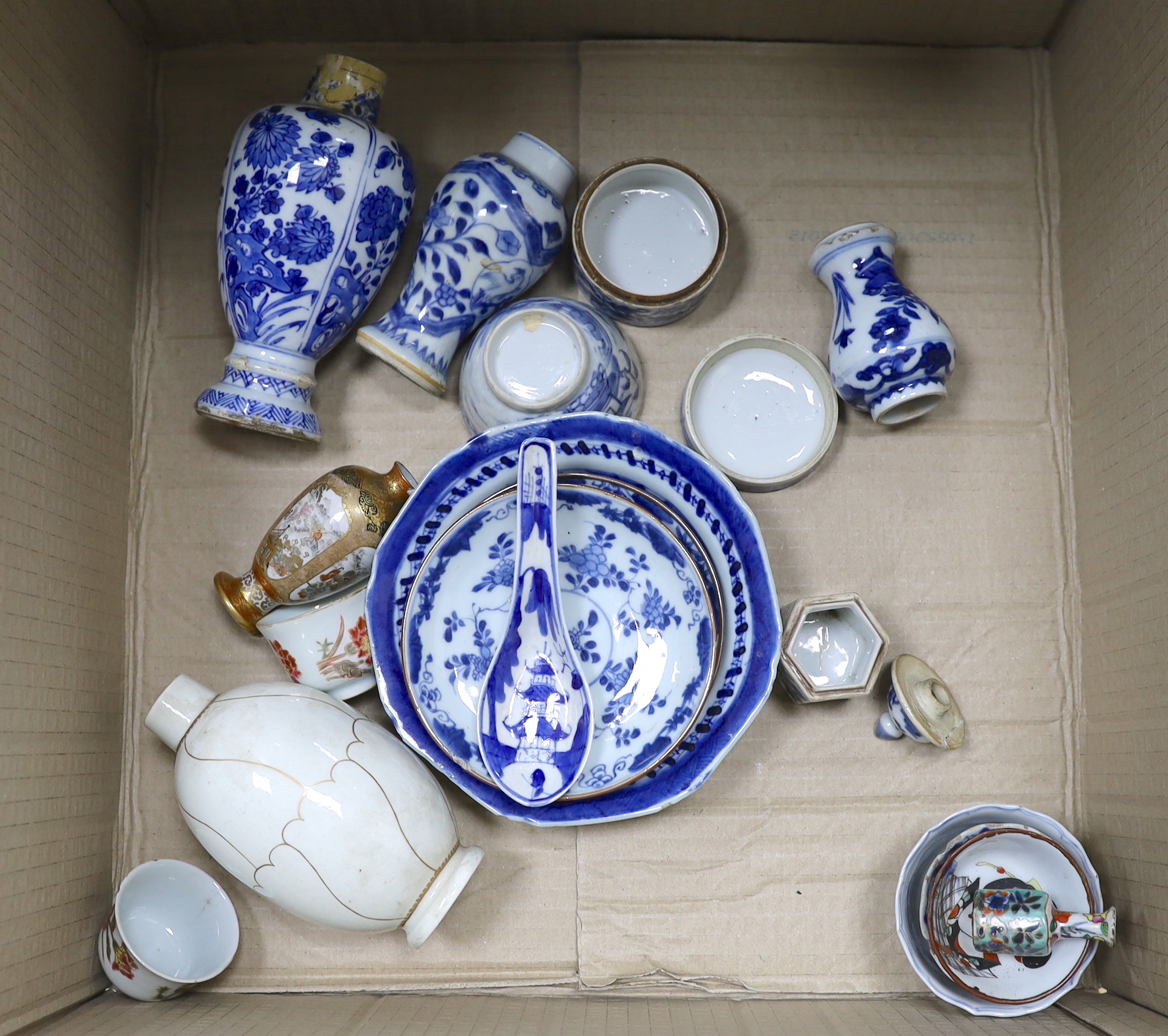 A group of Chinese blue and white vases, box and tea wares, Kangxi to 19th century and other ceramics